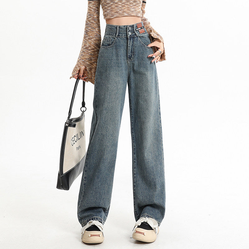 Blue straight-leg wide-leg pants