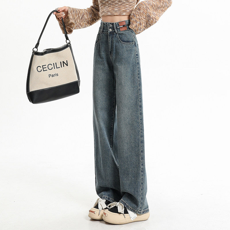 Blue straight-leg wide-leg pants