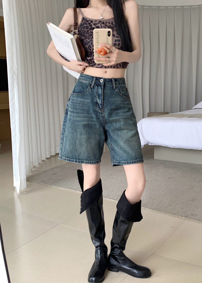 Retro straight-leg denim shorts for women