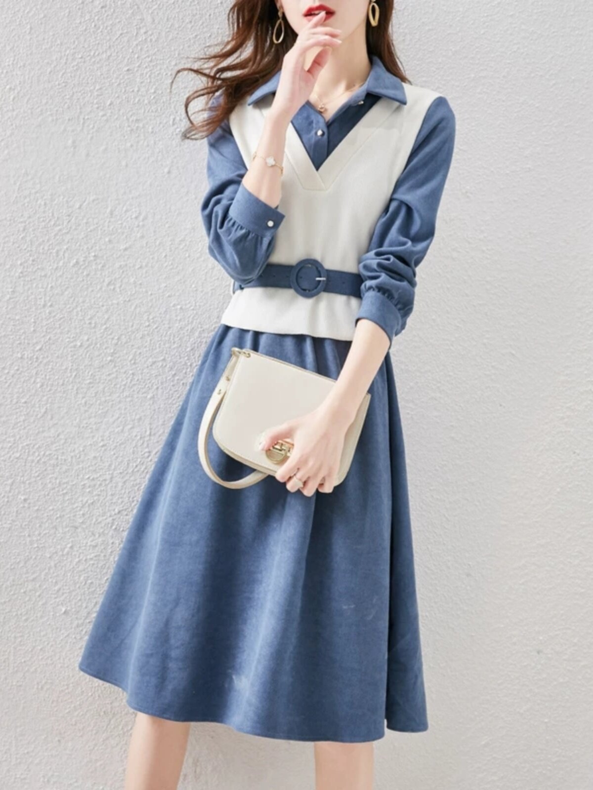 Stylish lapel faux two-piece dress