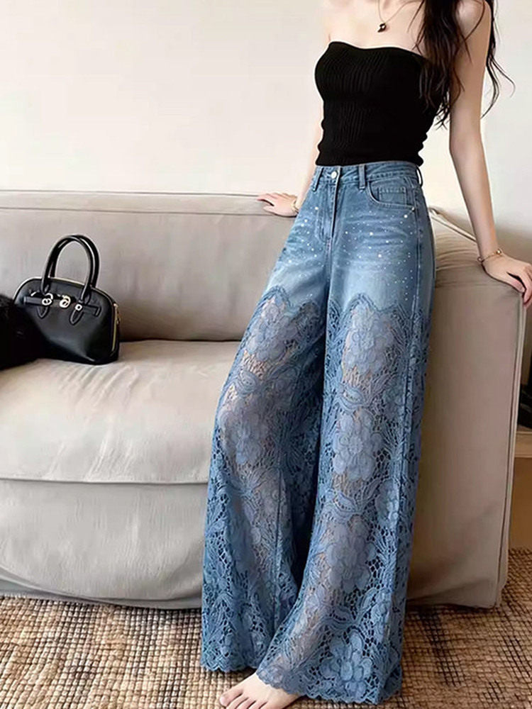 Blue openwork denim wide-leg pants